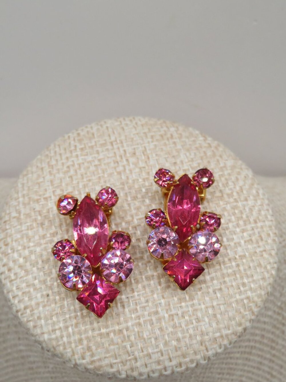 Vintage Pink Rhinestone Art Deco Gold Tone Dress Clips Set of 2